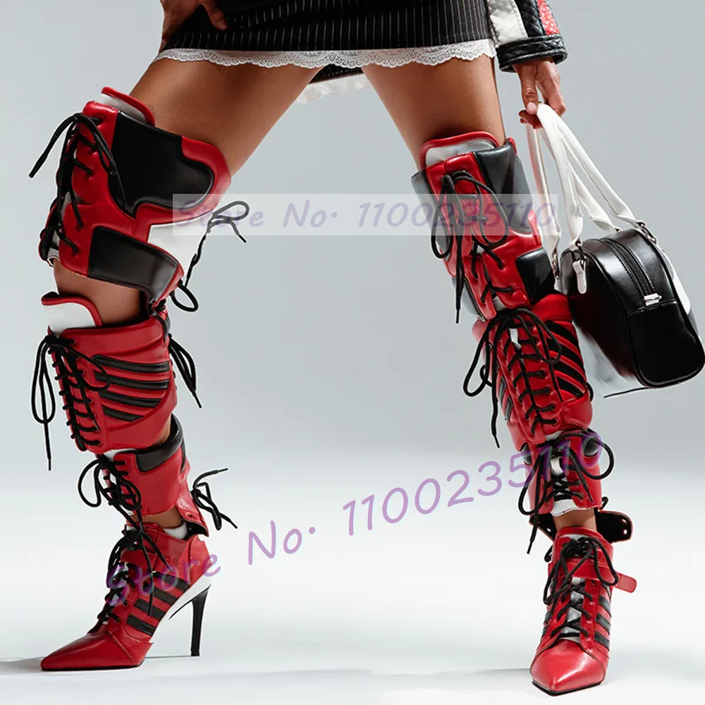 Red Striped Pattern Splicing Sport Boots Women Sexy Cross Tied Cut Out Pointy Toe High Heels Color Block Punk Thigh High Boots