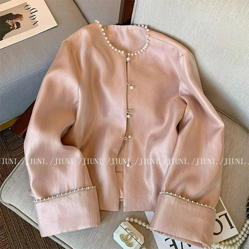 

Розовое атласное шелковое пальто с бисером, женские топы в стиле ретро с длинными рукавами, винтажный топ Cheongsam в китайском стиле, большой размер