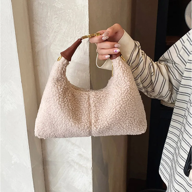 Lamb Fleece Underarm Bag for Women Faux Leather Splicing Single Shoulder Crossbody Bags Solid Color Casual Zipper Handbags