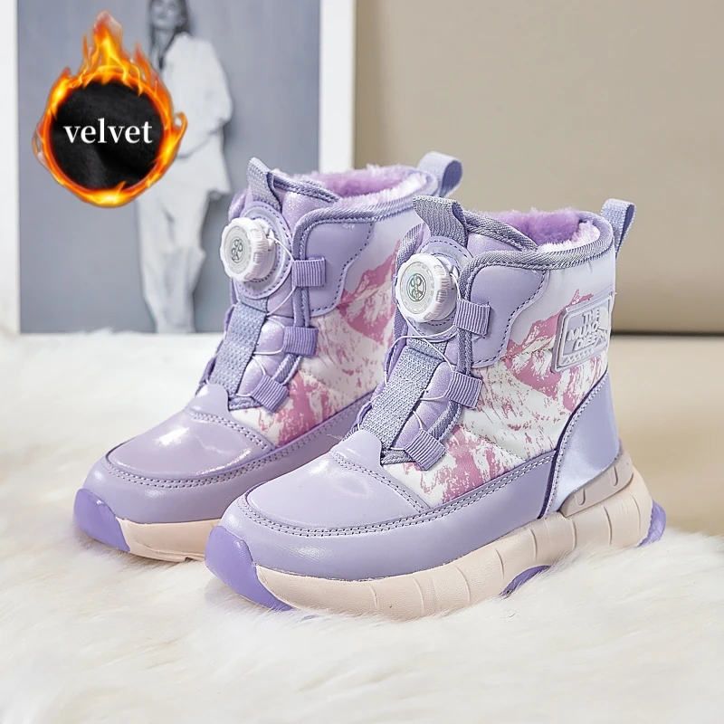 

Winter Children's Snow Boots Rotary Buckle Outdoor Warm Plush Kids Ankle Boots Trend Purple High Top Cotton Shoes For Girls Boys