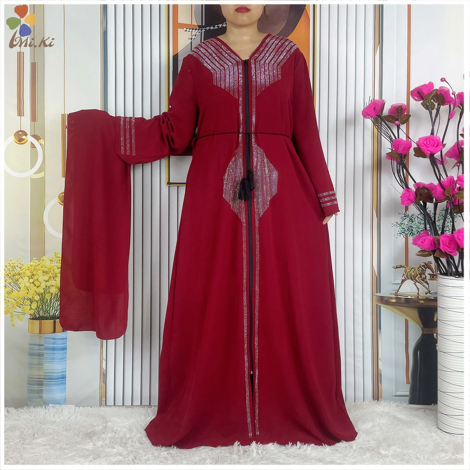 2024 African Abaya Women Open Robe Long sleeved Diamond Chiffon Robe Muslim Women Elegant Robe Kaftan Islamic Party Clothing