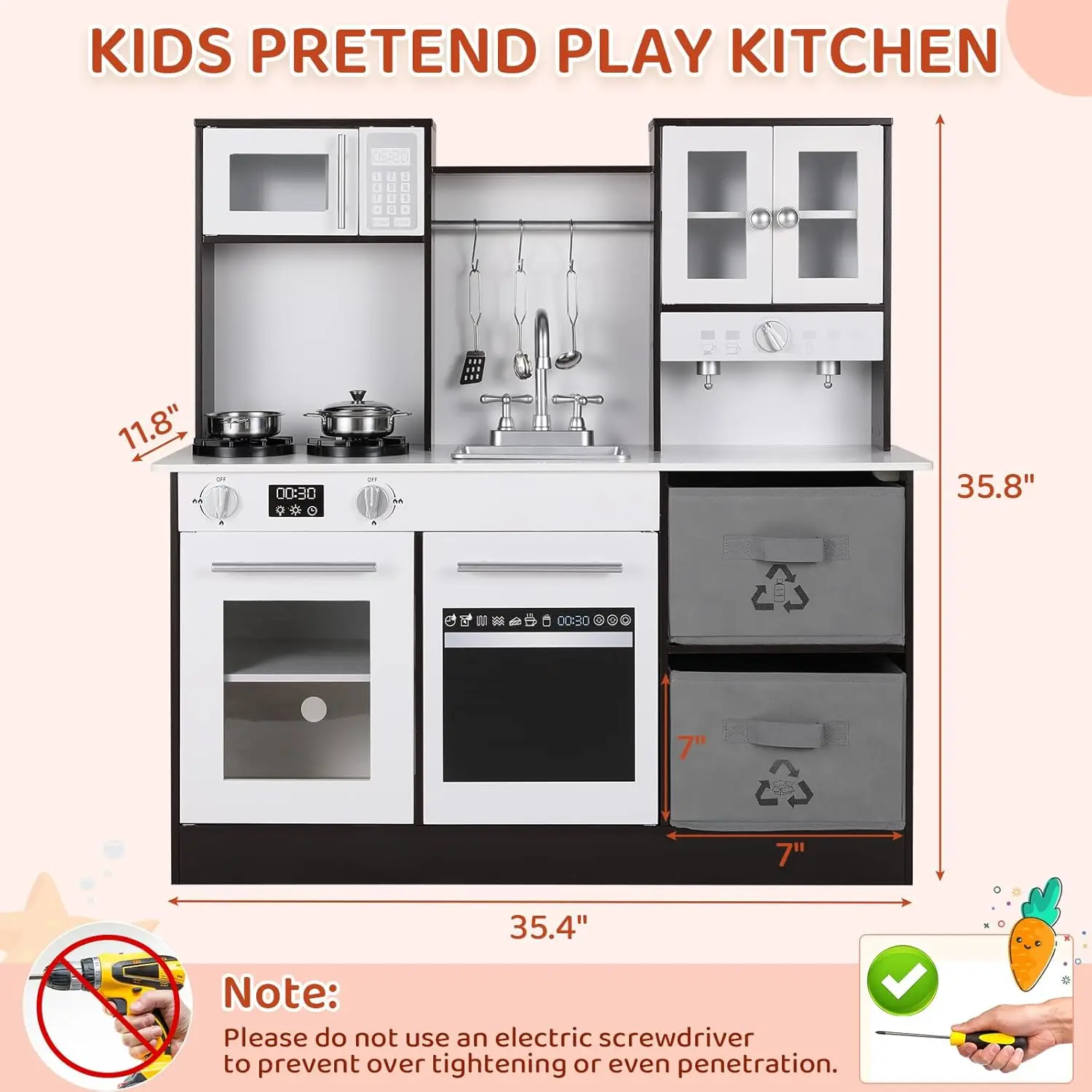 Kinderspeelkeuken, Houten Speelgoedkeuken, Toodler Kookspeelset, Fornuis Met Licht En Geluid, Gootsteen, Magnetron, 2 Stoffen Dozen, D