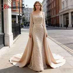 Eshaut&bridal Luxury Pearls Evening Dress Detachable Train Long Sleeve Formal Prom Wedding Party Gown Robe De Soiree Customized
