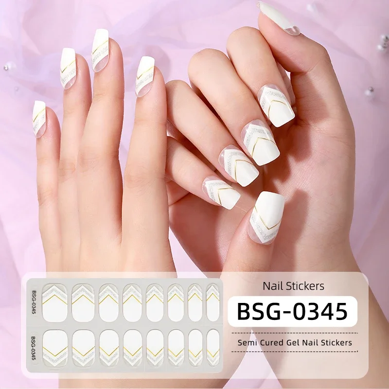 White Edge Semi-Cured Gel Nail Wraps Full Adhesive Waterproof Long Lasting Gel Nail Stickers set for UV Lamp Need French Tips