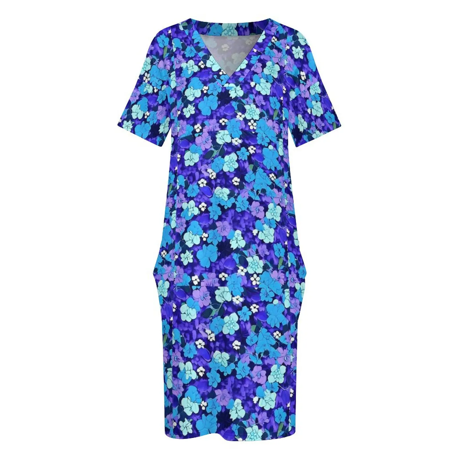 Blaue Blume Kleid V-Ausschnitt ditsy Blumen druck koreanische Mode Kleider Sommer Retro Freizeit kleid Frauen gedruckt große Größe Vestido