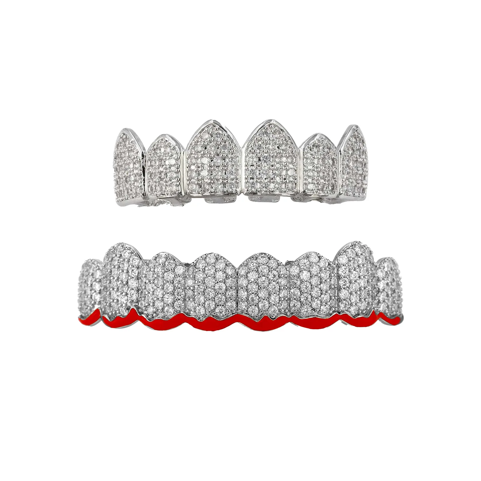 Iced Out Teeth Grillz Copper Silver Plated Full CZ Zircon Hip Hop Rapper Nightclub Cosplay Party Mouth Jewelry Wholesale