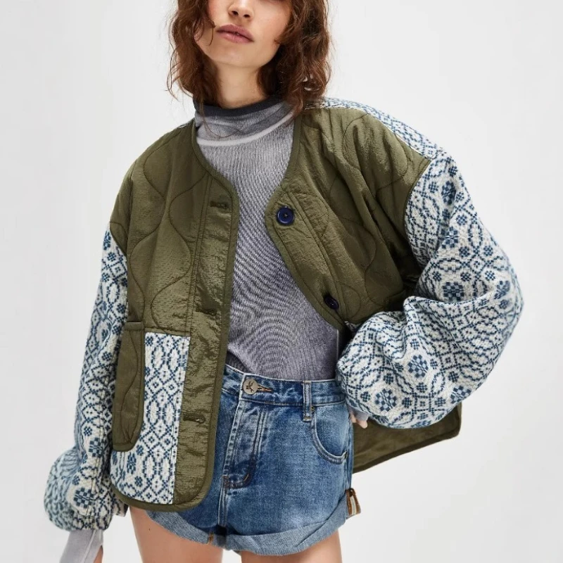 Autumn Winter Quilted Vintage Print Patchwork Cotton-padded Jacket Button Lightweight Puffer Jacket Women Parka Streetwear Trend
