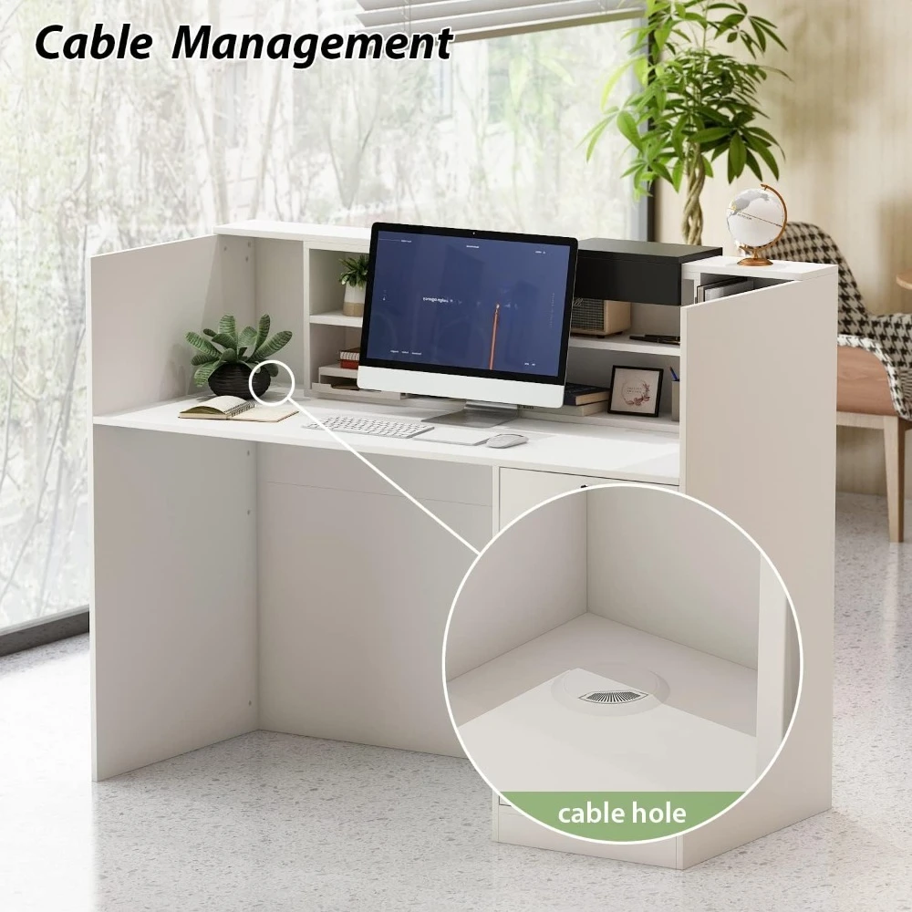 Front Counter Desk with Lockable Drawers, for Salon Reception Room Checkout Office, White Round Table & Dark Grey Counter