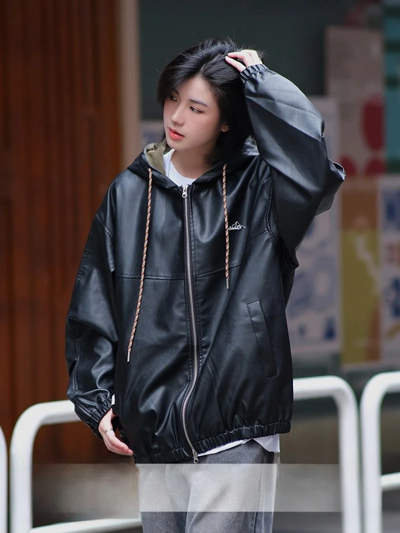 

Унисекс куртка-косуха в американском ретро-стиле с капюшоном, из искусственной кожи, для мужчин и женщин, уличный стиль, с длинными рукавами, на молнии