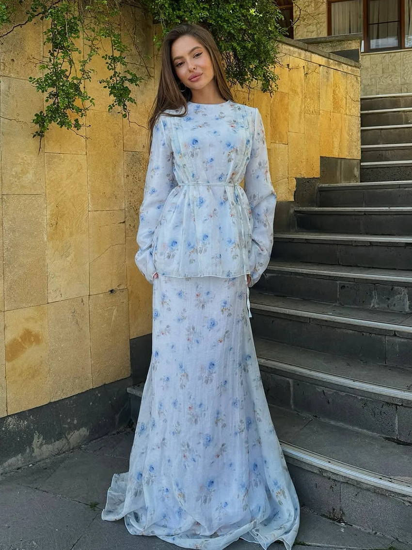 

Marthaqiqi Winter Female Nightwear Long Sleeve Robe O-Neck Pajamas Lace Up Nightgowns Long Skirts Printing Women Sleepwear Suits