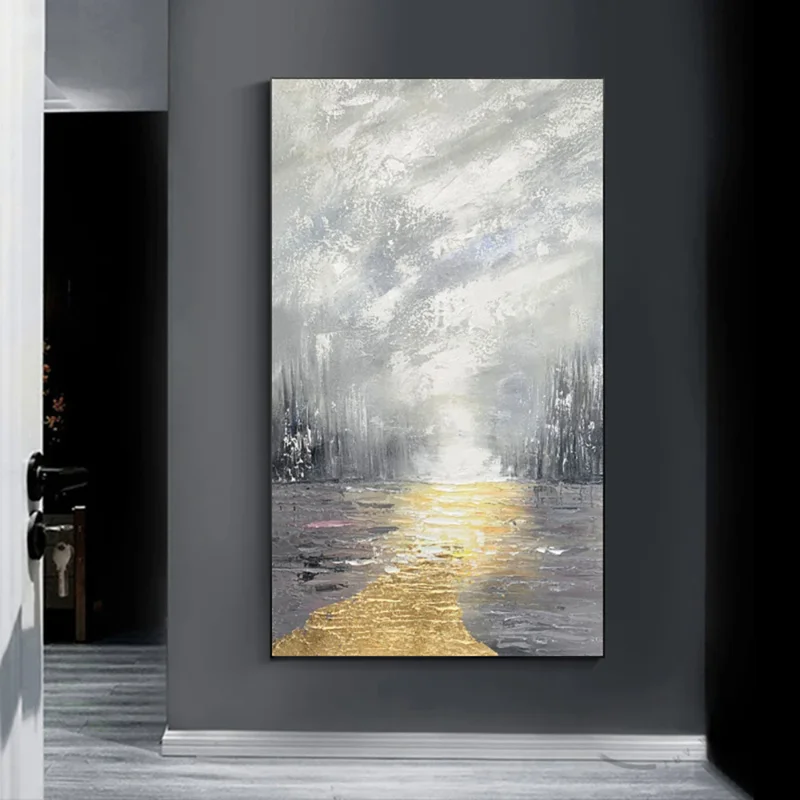 Hand Painted Abstract Gold Foil and Grey Oil Painting, Thick Textured Canvas Wall Art,Modern Home Decoration Picture, Unframed