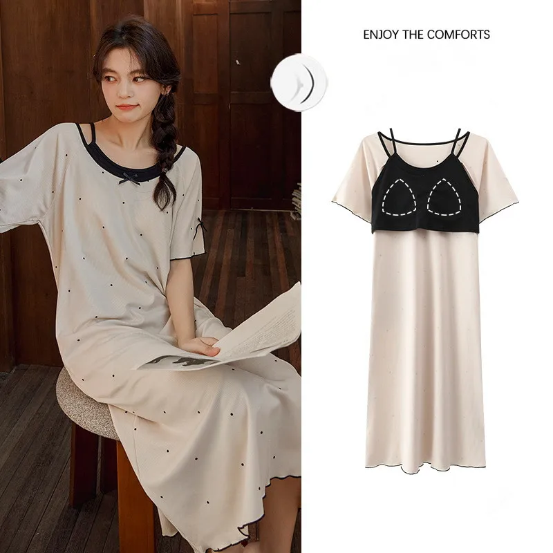 

Summer Women's Short Sleeve Nightgowns Chest Pad Knee Over Long Dress Large Size Woman Nightshirt Ladies Sleepwear Night Wear