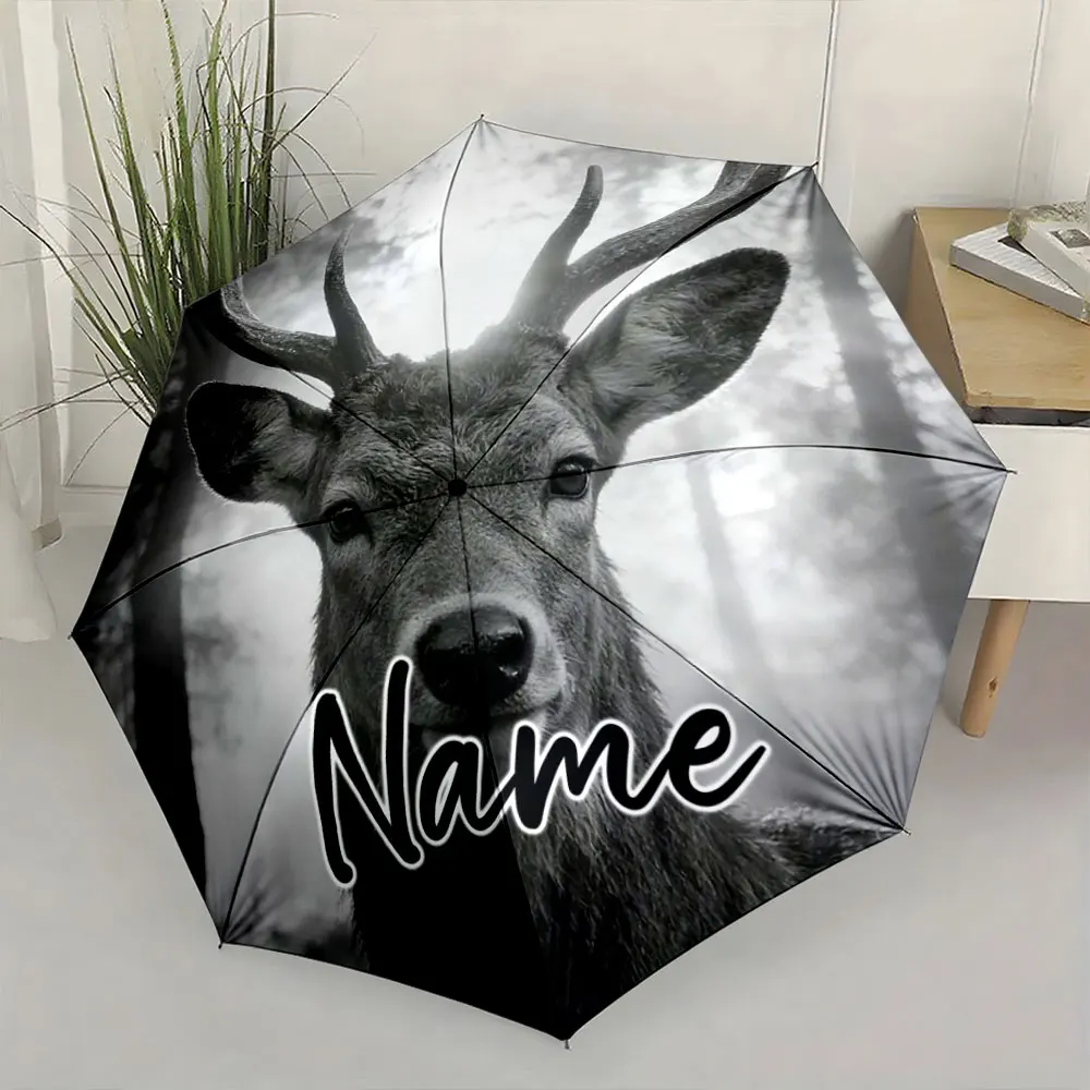 Custom Name Umbrella Deer Design Umbrella for Stylish Rainy Days Print 8 Iron Ribs Folding Umbrella Auto-Open Fashion Sunshade