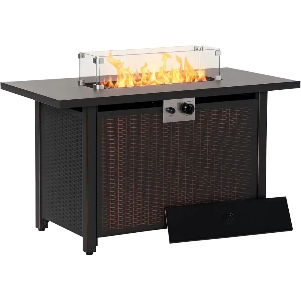 43 Outdoor Bronze Propane Gas Fire Pit Table with Auto-Ignition, Wicker-Style, Glass Wind Guard, and CSA Certification