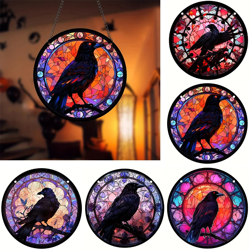 Animal Raven Stained Suncatcher Home Window Hangings Crow Decoration Bird Balconies Wreath Sign Craft Pendant Room Decor Plate