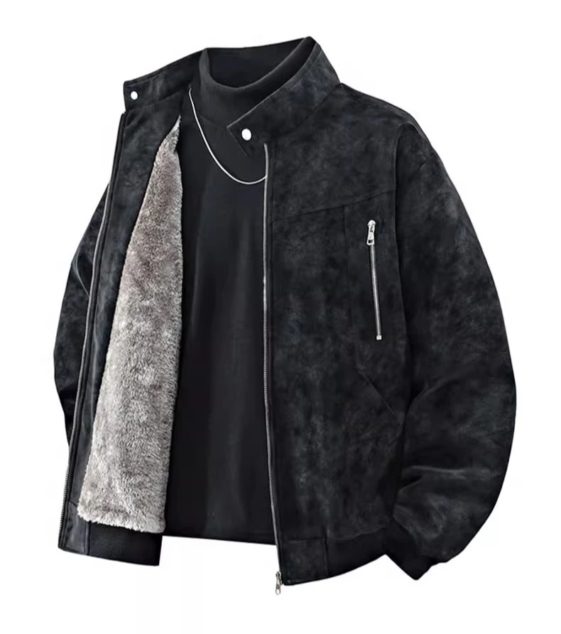 2025 Autumn Winter New Men's Faux Suede Brown Leather Jacket Fleece Lining Thickened and Warm Black and Gray Leather Jacket