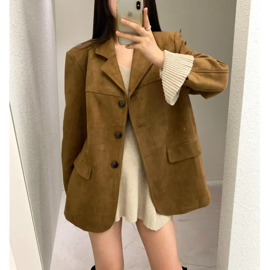 

East Gate Women's Thin Deer Skin Velvet Suit Jaet Spring Long Sve Stand Fit Casual Versatile Warm Fully Lined Westwear