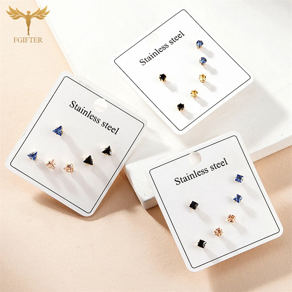 3 Pairs Stainless Steel Crystal Earrings Set For Women Geometric CZ Zircon Ear Stud Golden Silver Color Lobe Piercing Jewelry