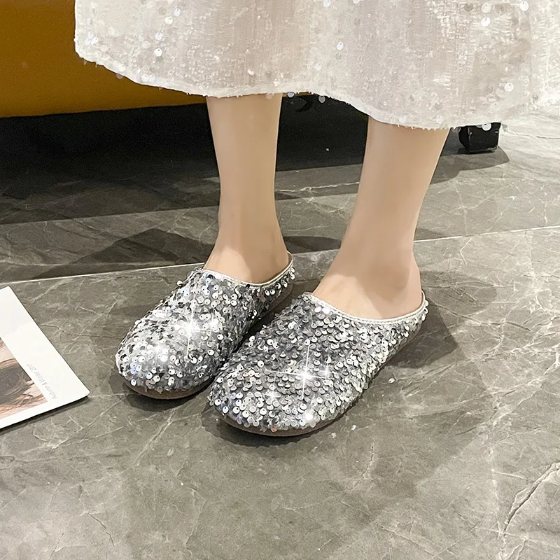 2024 Summer New Fashion Shoes Wear Silver Baotou Glitter Flat Casual Slippers