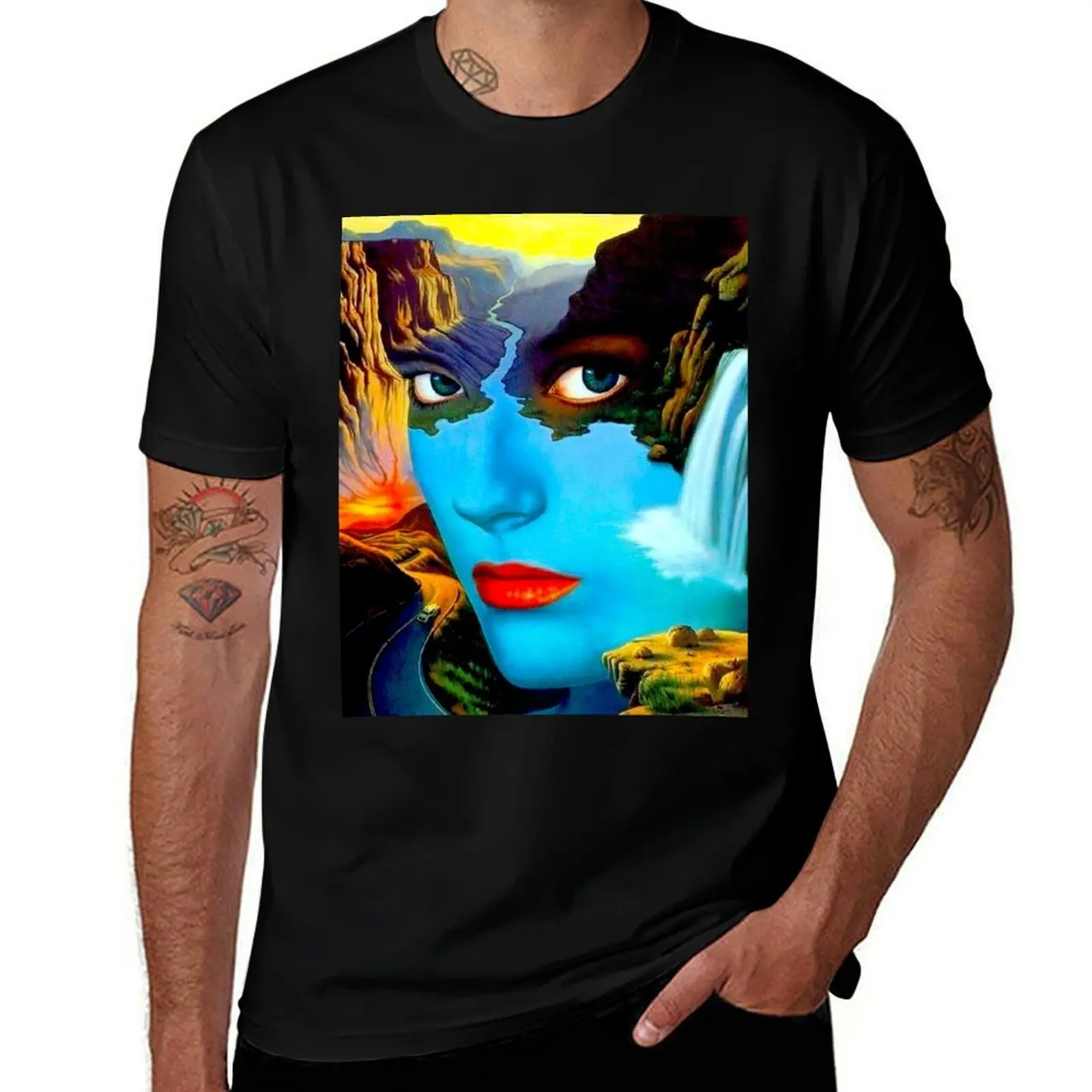 STRESS : Vintage Surreal Abstract Psychedelic Print T-Shirt Basic Solid Color Casual Tee Shirt T-Shirt