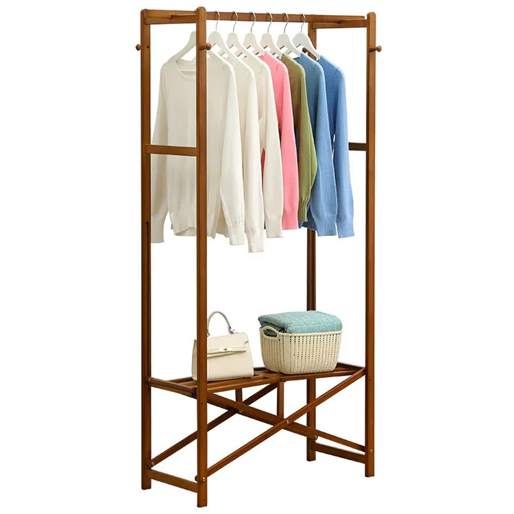 

Foldable Wooden Clothing Rack Rails Balcony Clothes Hanger Rack Stand For Store With Shelf Bamboo Drying Rack