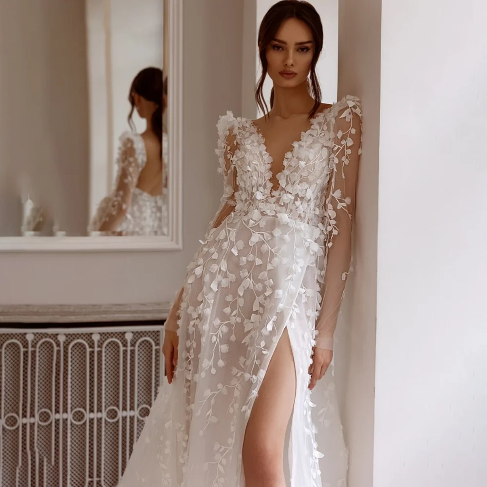 Vestidos de casamento com decote em v com apliques de renda, Vestidos de noiva chiques sem encosto, Mangas compridas, Branco, Elegante, Moda