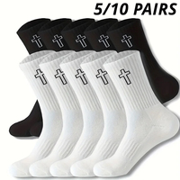 5/10 Pairs Men's High-Cut Solid Sports Socks, Breathable Unisex Mid-Calf Casual Socks, Black/White Cross Couple Socks All-Season