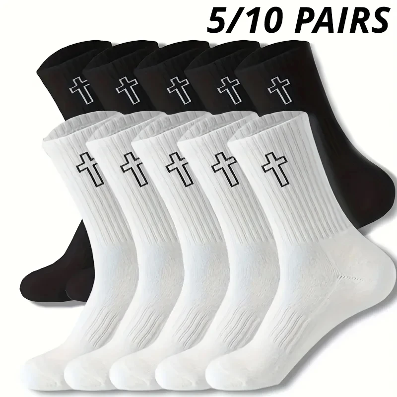 5/10 Pairs Men's High-Cut Solid Sports Socks, Breathable Unisex Mid-Calf Casual Socks, Black/White Cross Couple Socks All-Season