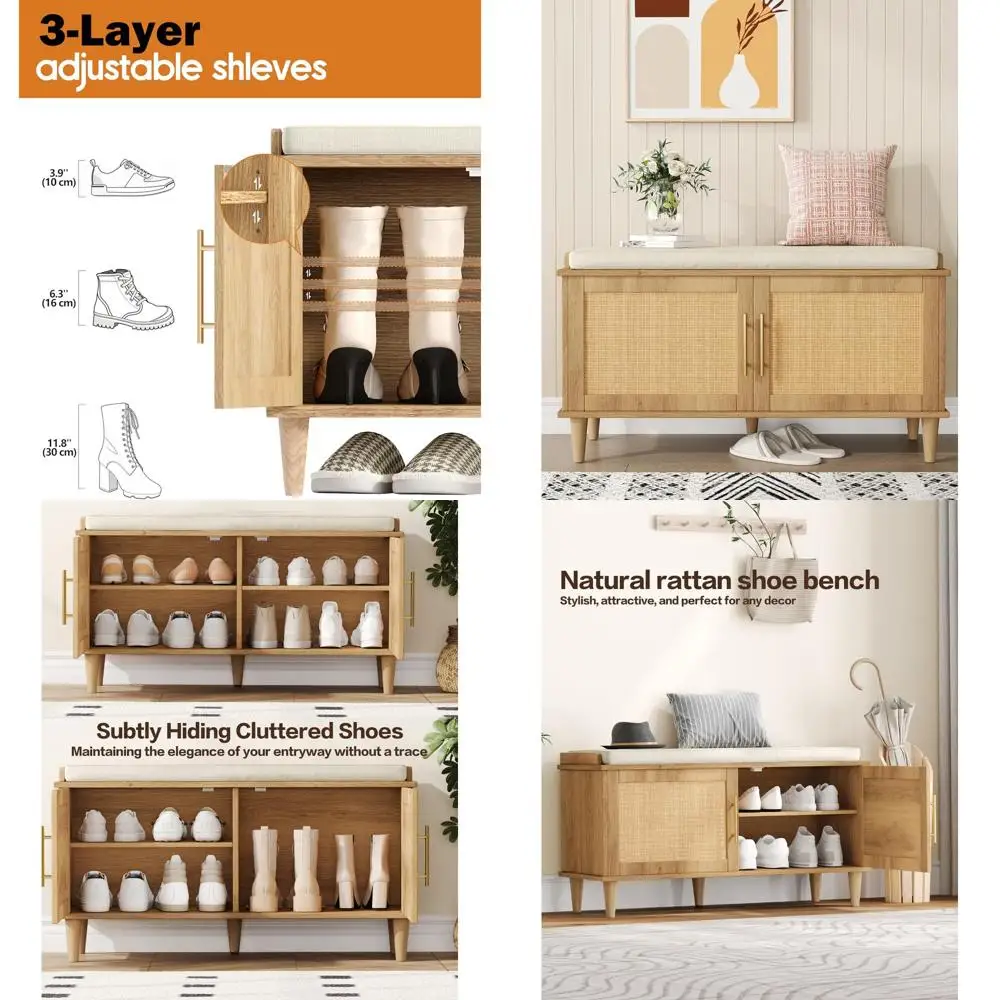 2-Tier Rattan Shoe Storage Bench with Cushion, Adjustable Shelves, 15D x 39.4W x 20H, Natural Oak Finish for Entryway, Hallway,