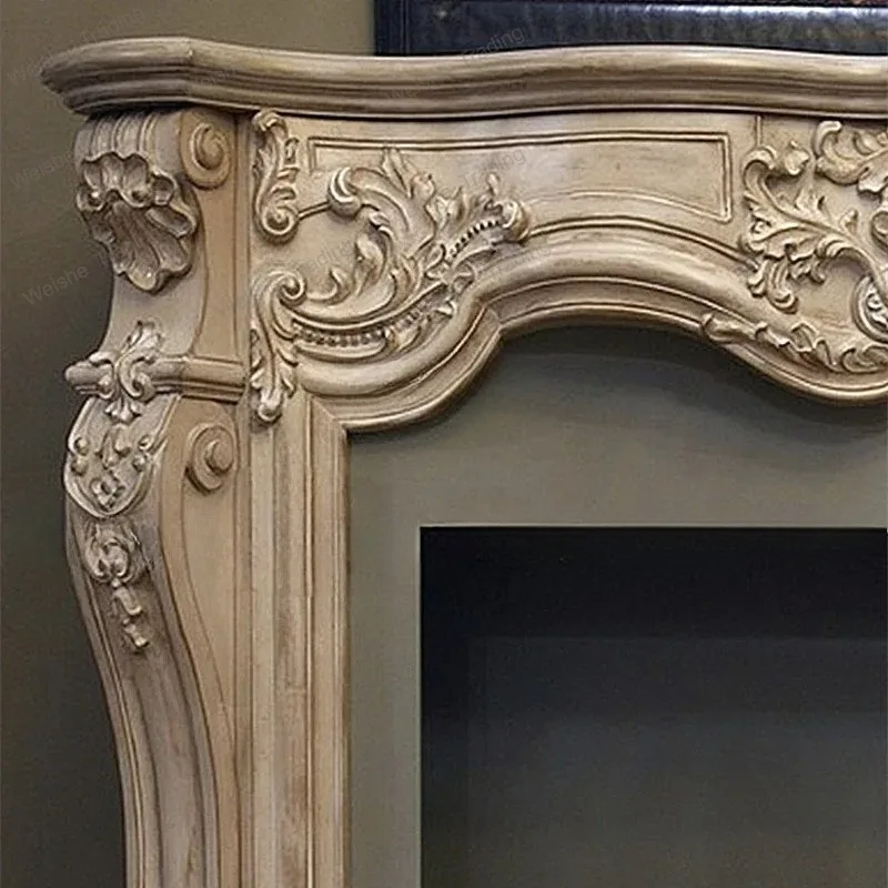 light luxury retro solid wood carving flower old fireplace European style, decorative fireplace frame background wall