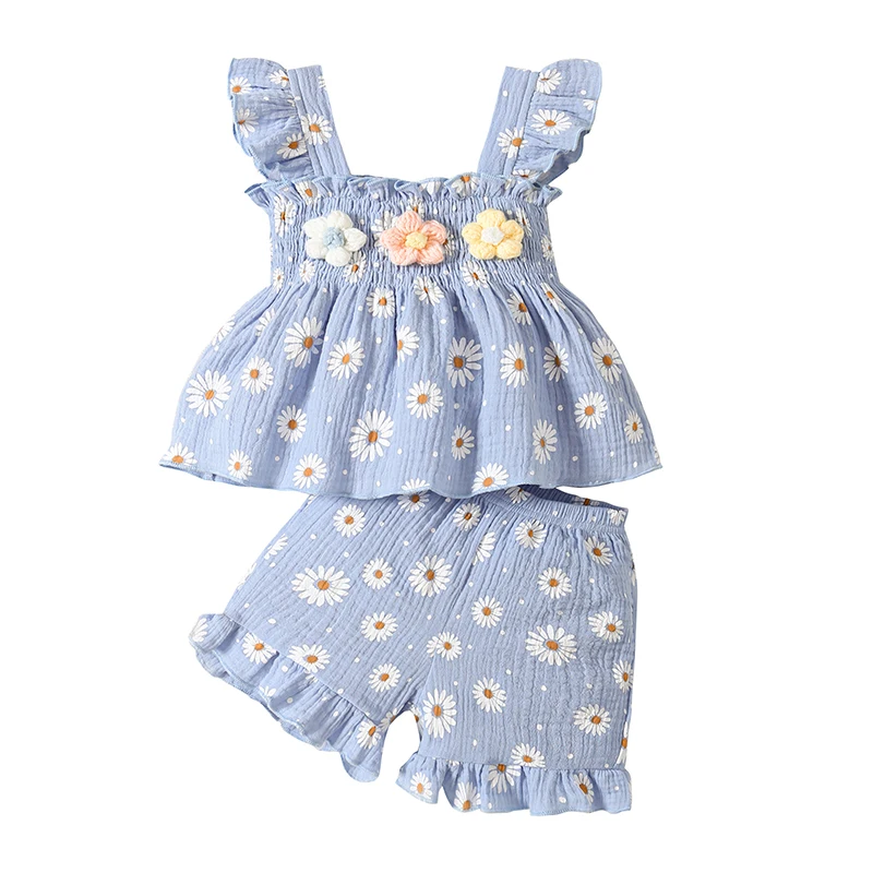 Baby Girl's Daisy Imprimir Ruffle Sem Mangas Strap Regata e Shorts Set, Roupa de linho algodão, Roupa de verão, Criança