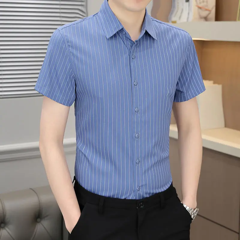 Minimalist Business Casual Square Neck Ice Silk Fabric Button Summer Men\'s Fashion Versatile Printed Short Sleeve POLO ShirtsTop