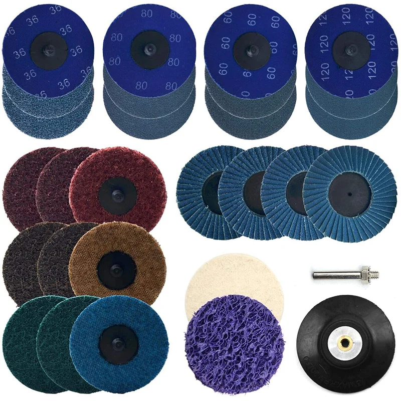 2Inch Quick Change Disc Assorted Roll Lock Sanding Discs 28PCS Set Surface Conditioning Disc Polish Disc with 1/4" Holder