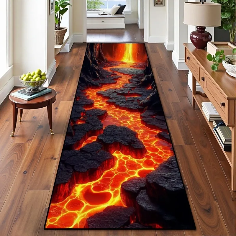3D Optical Illusions Lava Flow Hallway Runner Rug Volcano Landscape Home Decor Carpet Non-Slip Soft Floor Mat for Hallway