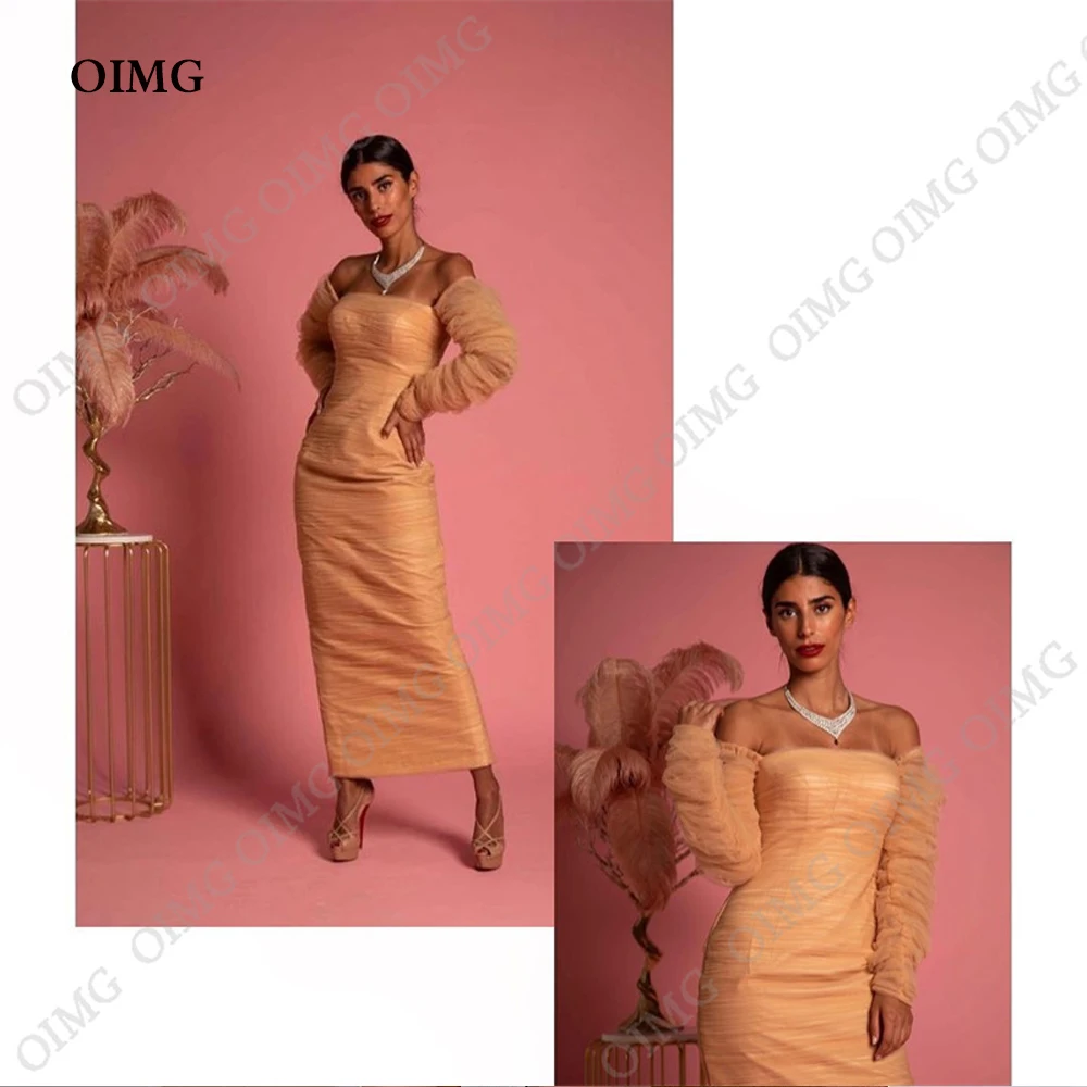 

OIMG Simple Strapless Chiffon Evening Dresses Pleated Long Sleeves Formal Gowns Ankle Length Vestidos De Gala Custom Made