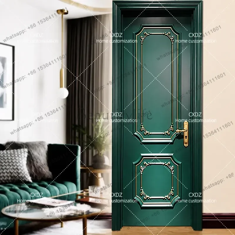 PG Dark Green Blue White Gold Painted Carved Solid Wood Casement Door Custom Composite Interior Door for Bedroom Kitchen