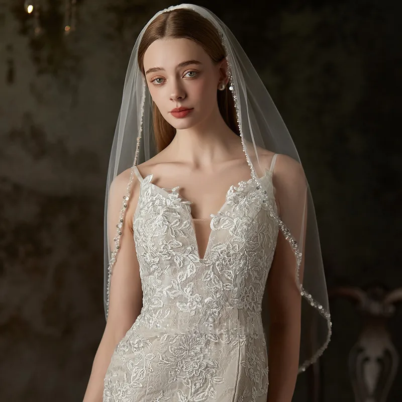 

85 см расшитая бисером свадебная фата с блестками, роскошная белая однослойная фата с расческой, мягкий тюль, короткая фата для невесты, женские свадебные аксессуары