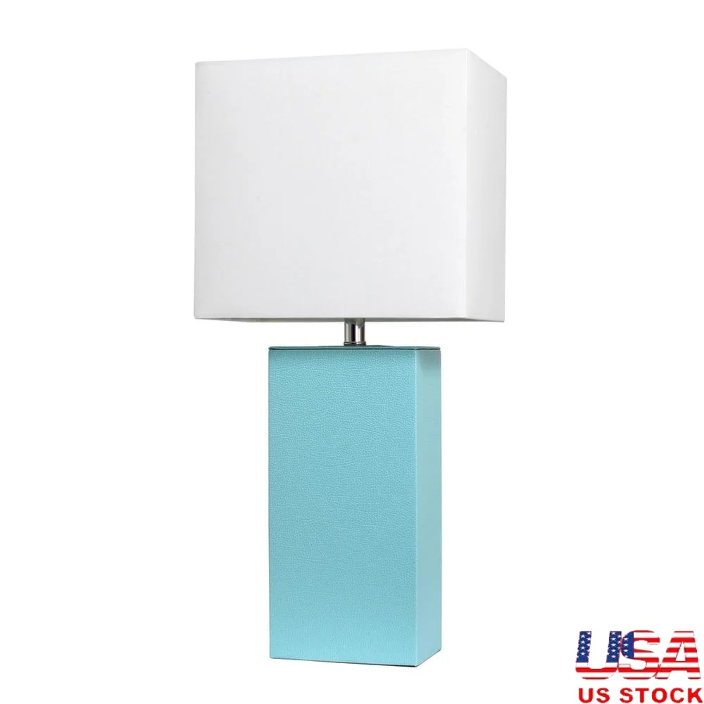 

Modern Leather Base Table Lamp Bedside Living Room Bedroom Foyer Office Decor White Fabric Shade Accessible Socket 60W Bulb