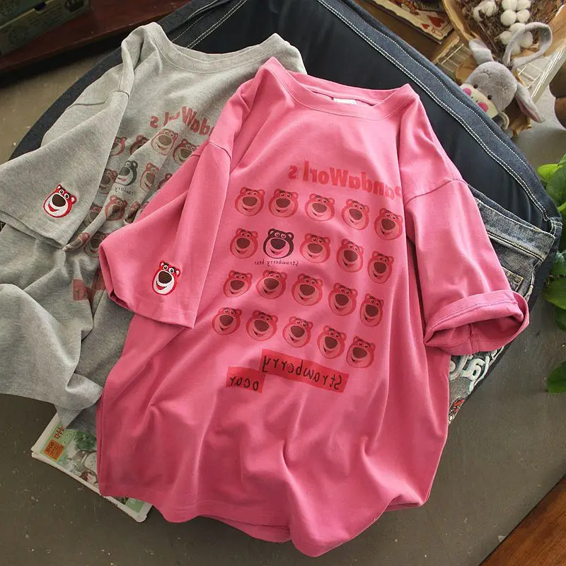 

Женская летняя свободная футболка больших размеров с принтом медведя, скрывающая живот, в корейском стиле, из хлопка, повседневная