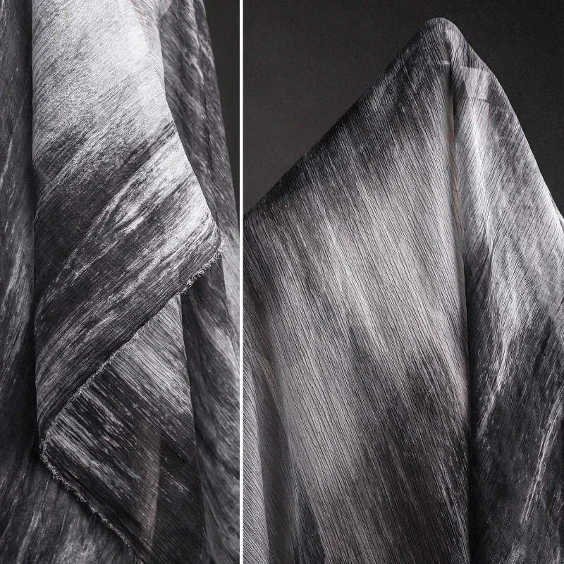 Black Gray Gradient Thin Chiffon Chinese Feng Shui Ink Tie Dye Texture Yarn Artistic Cardigan Skirt Designer Fabric