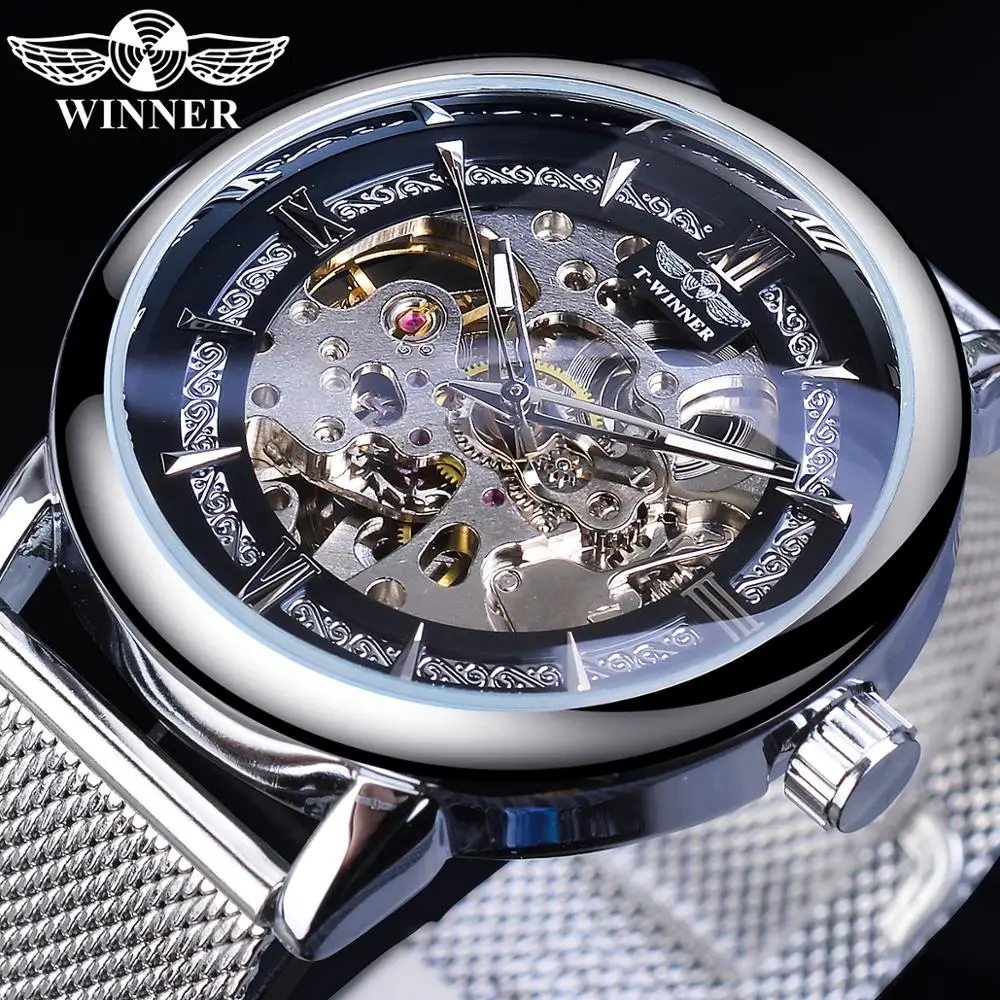 

Fashion Winner Silver Mechanical Watch Automatic Men's Skeleton Mesh Band Steampunk Transparent Stainless Steel Sport Wristwatch