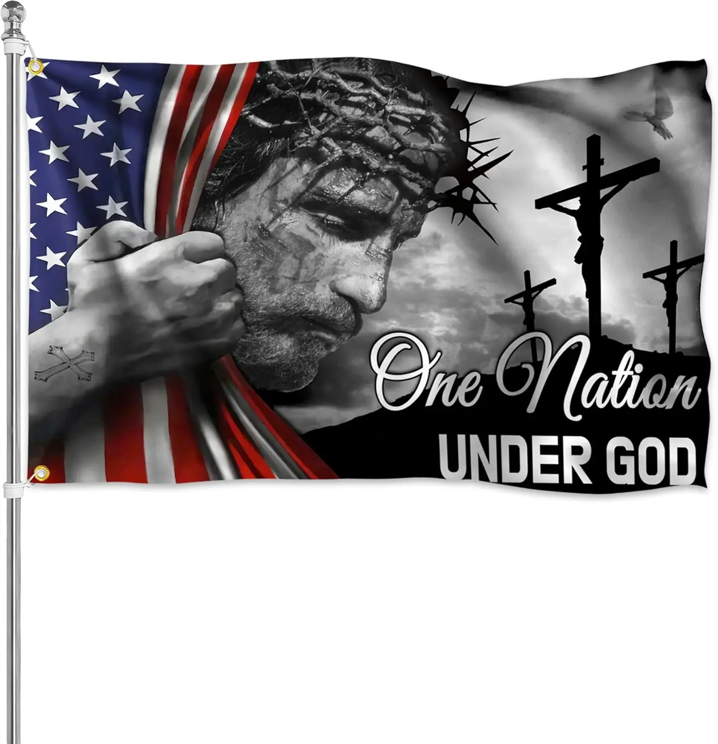 One Nation Under God Outdoor 3X5 Ft Christian American Flag Christ On It With 2 Brass Grommets Jesus Flags For House Yard