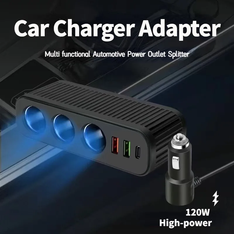 120W 6-in-1 Car Charger 3 Cigarette Lighter Splitter QC3.0 PD Fast Charging Adapter 12-24V For iPhone Samsung