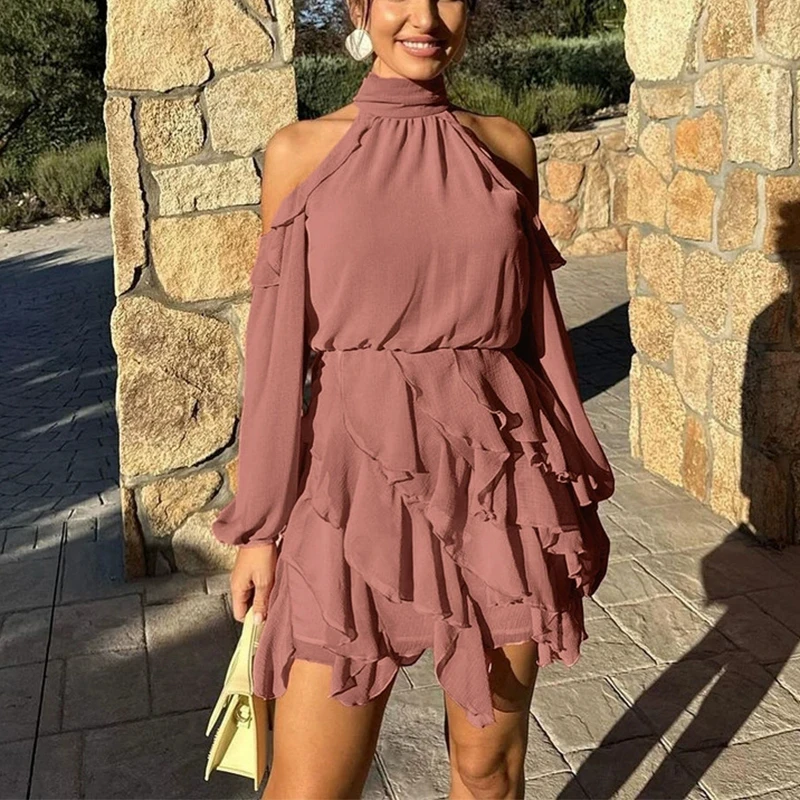 

Модное мини-платье с открытыми плечами и рюшами, на бретельках, весна-лето, новинка, с завышенной талией, однотонное, женское, с длинным рукавом, простое, для вечеринок, короткое платье