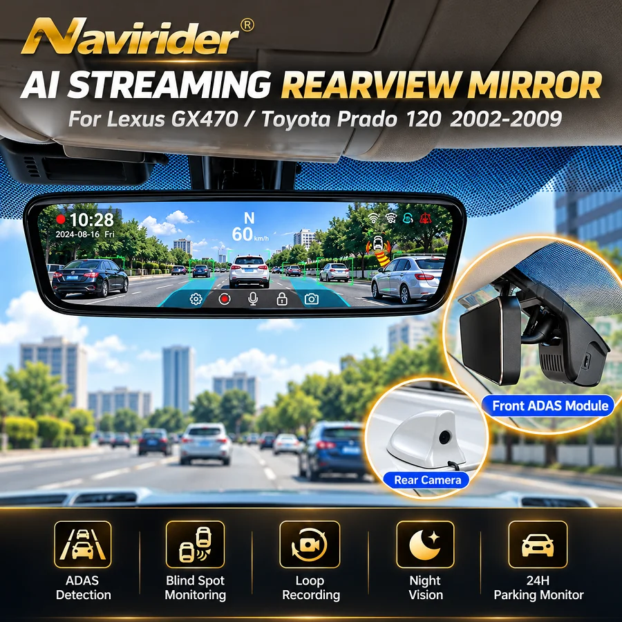 For Lexus GX470 For Toyota Prado 120 2002-2009 AI Streaming Car Media Rearview Mirror With ADAS Detection Blind Spot Monitoring
