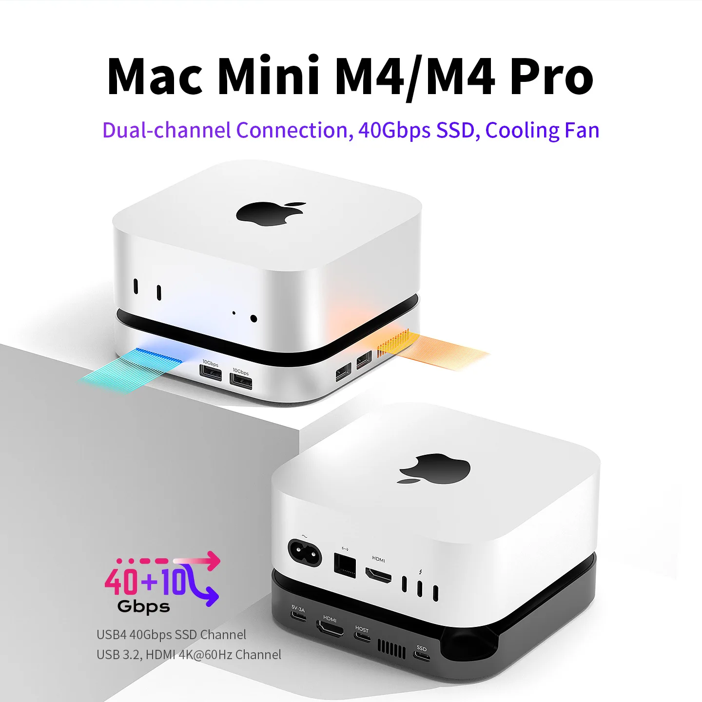 Mac mini M4 Dock Hub HDMI 4K 60Hz M4 Pro Stand NVMe USB4 40Gbps SSD Enclosure 40Gbps+10Gbps Two Channels 4xUSB-A 10Gbps New HB03