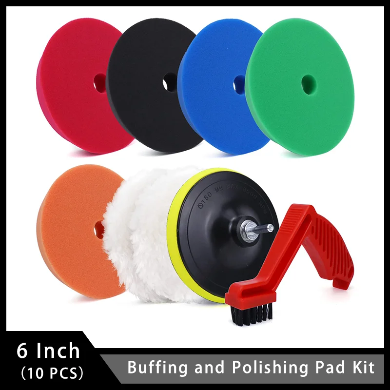 6 Inch Buffing and Polishing Pad Kit 10 PCS Orbital Buffer Polisher Pads and Wool Waxing Pad with 5/8