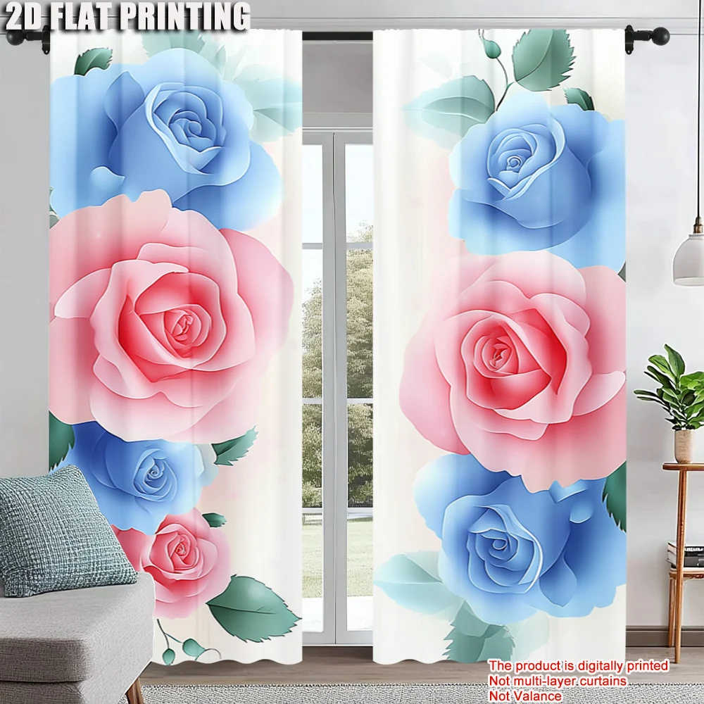 

2Pcs Contemporary Floral Print Curtains Rod Hole Design For Easy Hanging Machine Washable Polyester Drapes Living Room