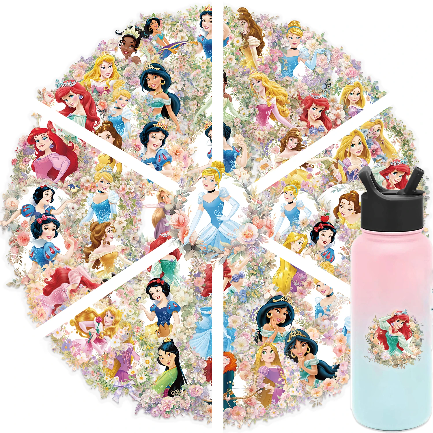 50 Stück Disney Prinzessin Ariel Schneewittchen Blumen Aufkleber DIY Handyhülle Material Handbuch Wasserbecher Pflanze Transparente PET-Aufkleber