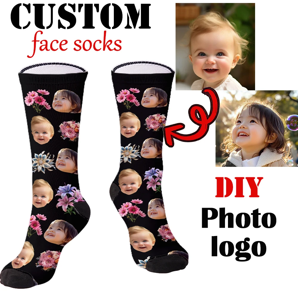 DIY fashion custom face socks novelty trend 3D printing Photo logo flower pattern long socks the best gift for family friends